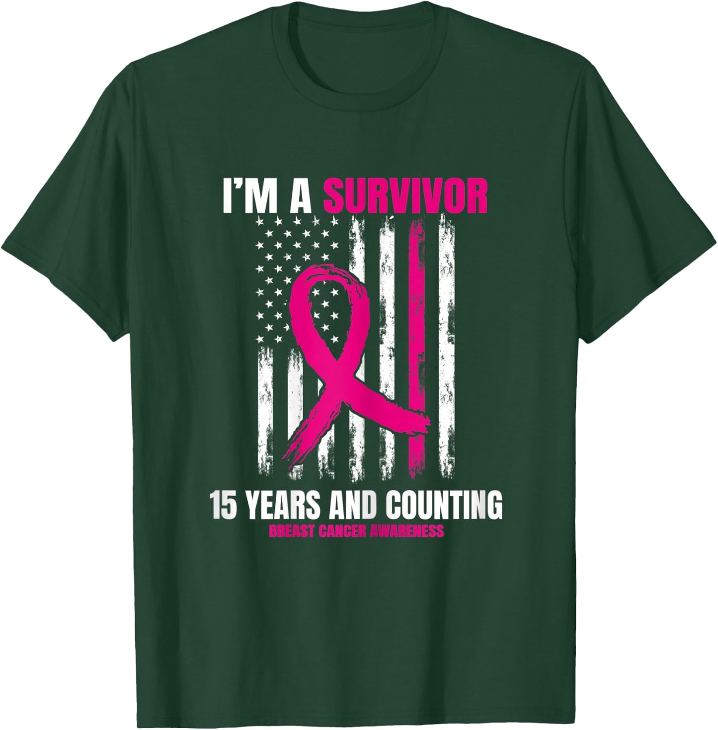 15 Year Survivor Gifts Pink Breast Cancer Awareness USA Flag T-Shirt - T-Shirt | Forest