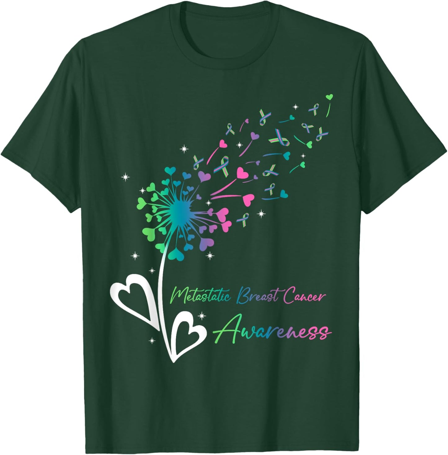 Heart Dandelion Flower Green Teal Pink Ribbons MBC Awareness T-Shirt - T-Shirt | Forest