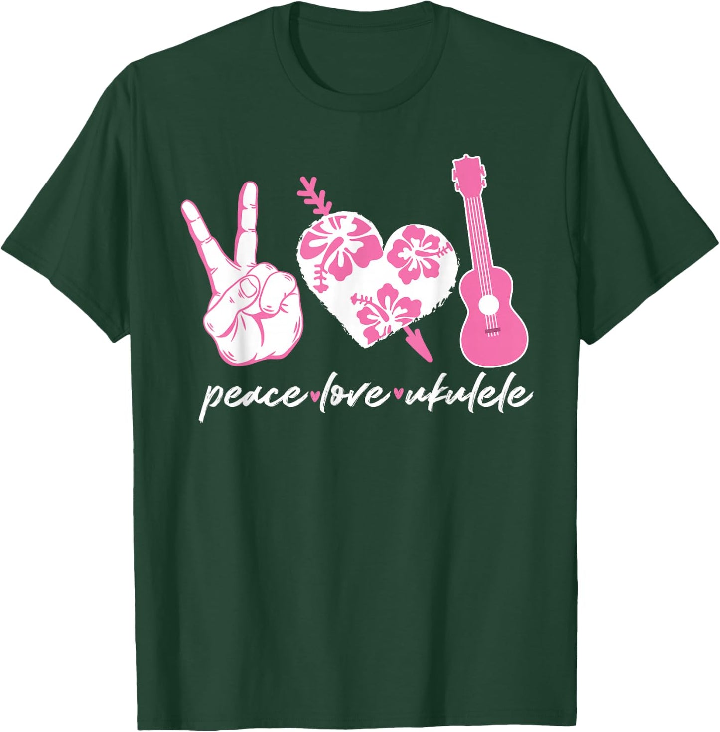 Hawaiian Uke Peace Love Ukulele Flower Heart T-Shirt - T-Shirt | Forest