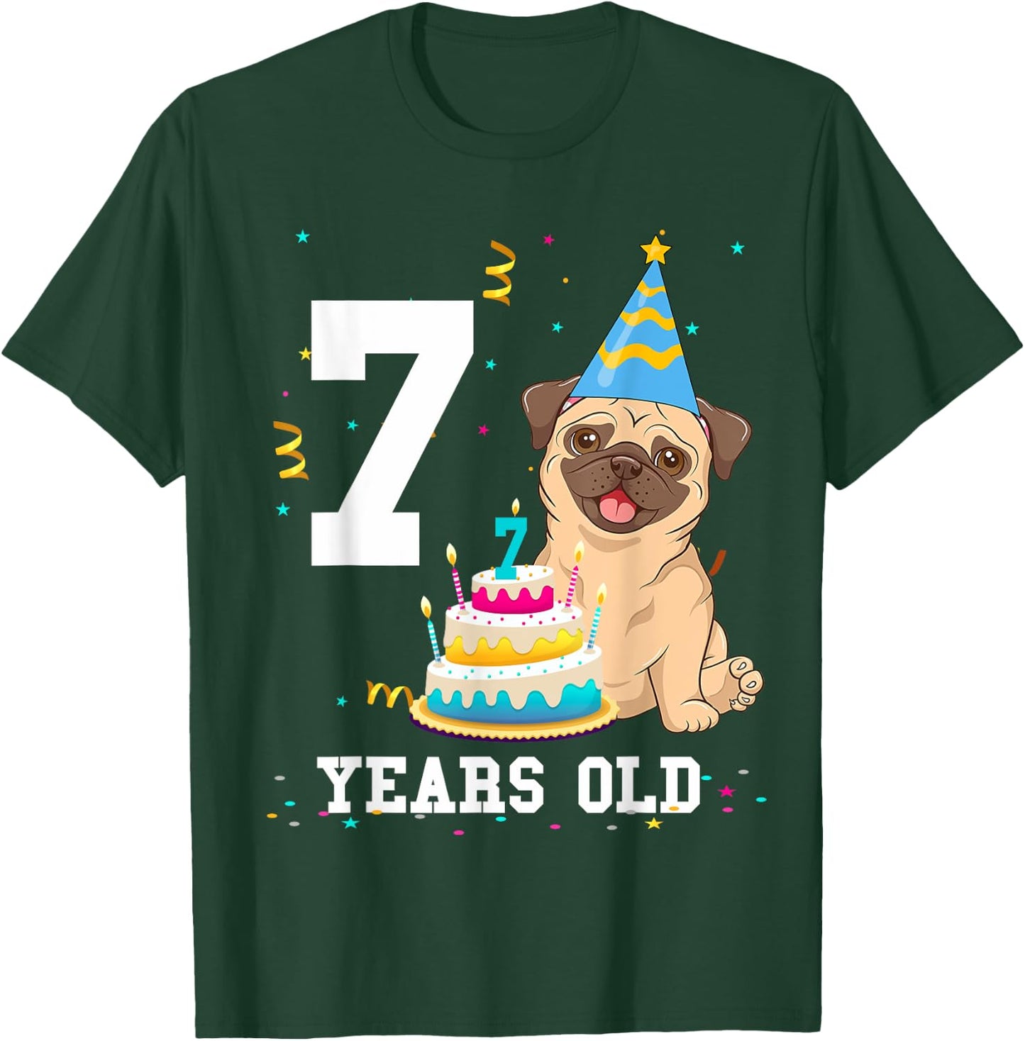 7 Years Old Birthday Pug Dog Lover Party Kids Boys Girls T-Shirt - T-Shirt | Forest