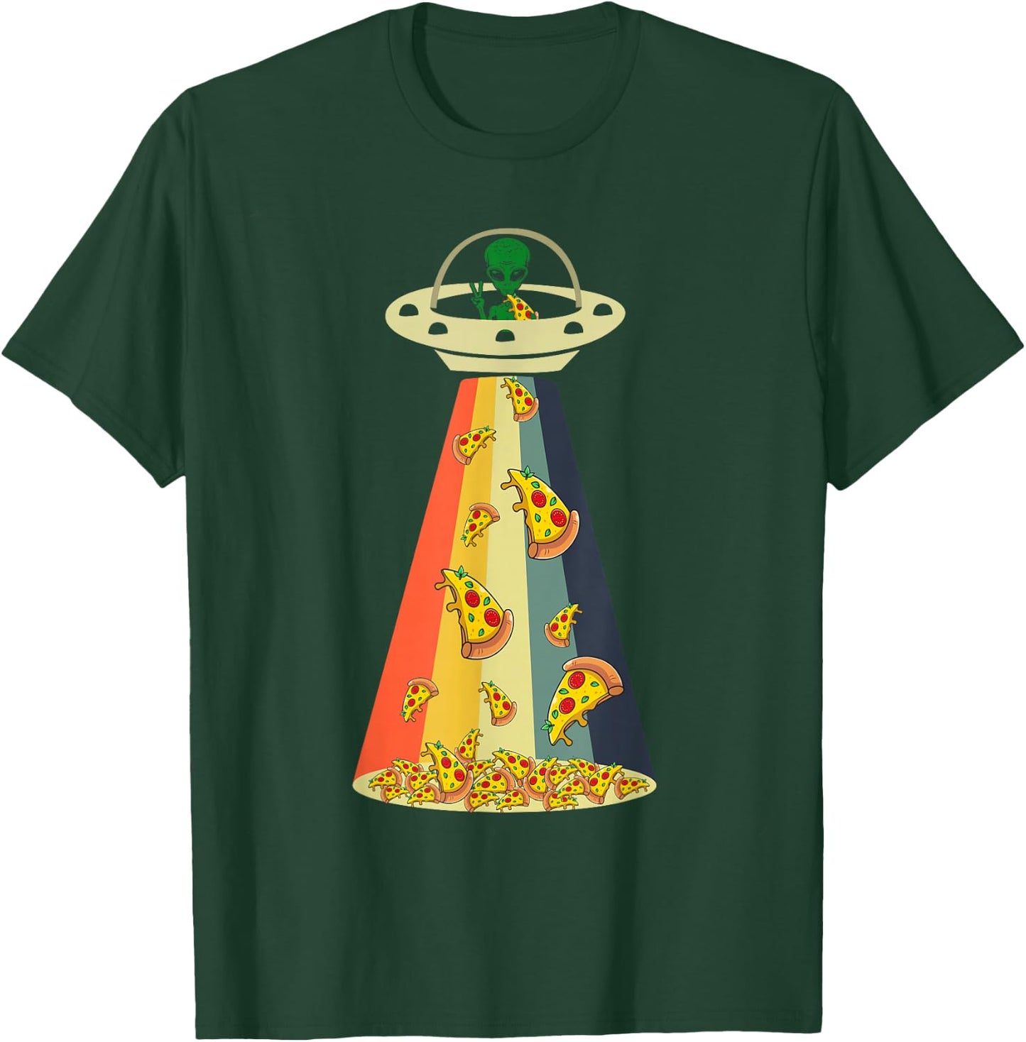 Funny Pizza UFO Alien Eating Pizza a UFO Extraterrestrial T-Shirt - T-Shirt | Forest