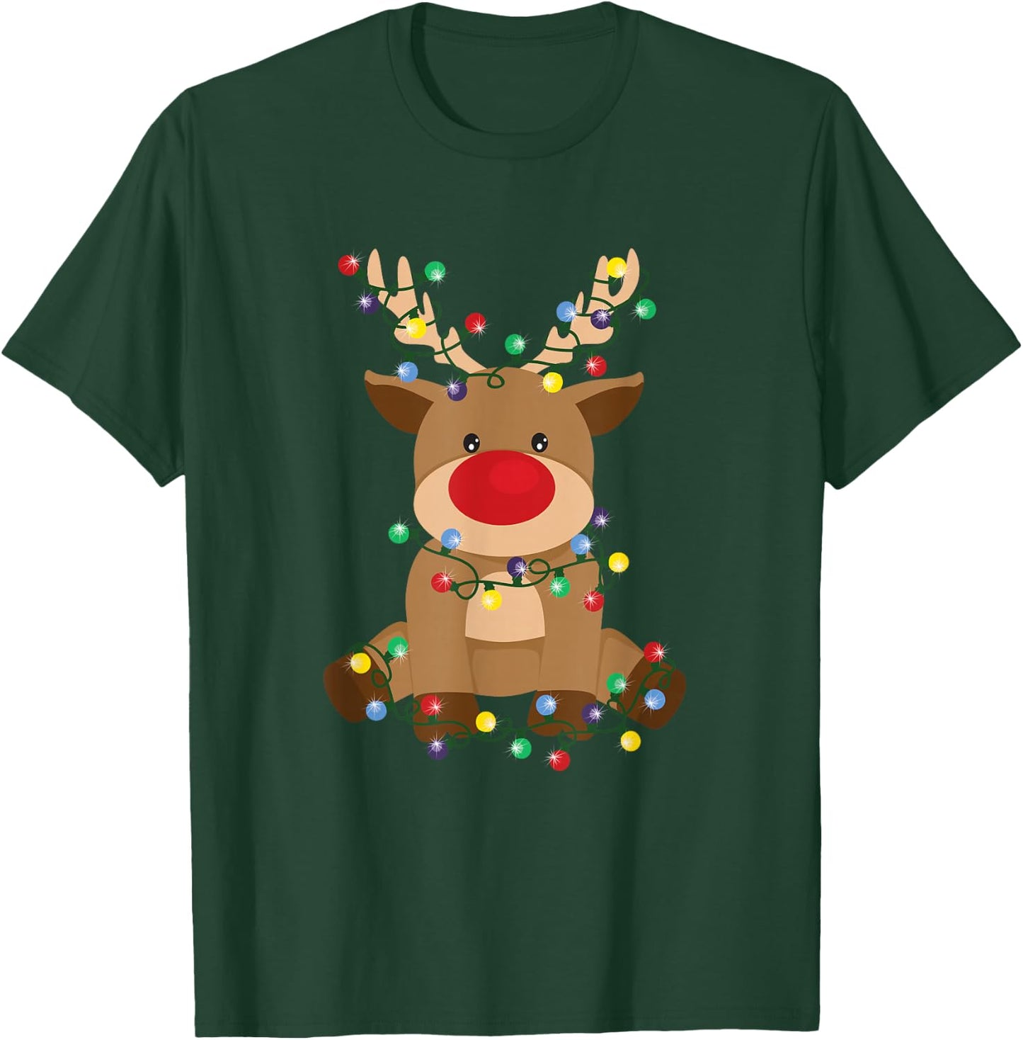 Red-Nosed Reindeer with Christmas Lights – Cute Holiday T-Shirt - T-Shirt | Forest