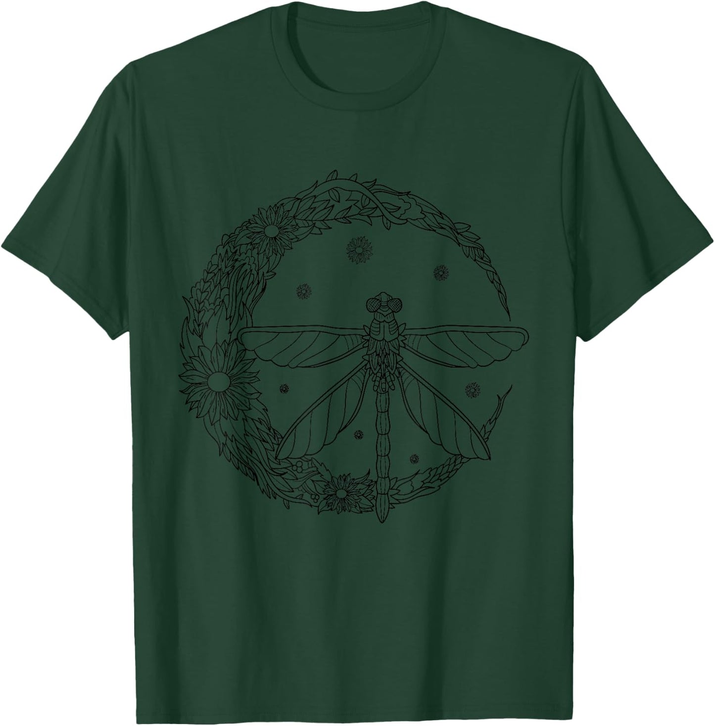 Dragonfly Crescent Moon Peace Sign Vintage Hippie Floral T-Shirt - T-Shirt | Forest