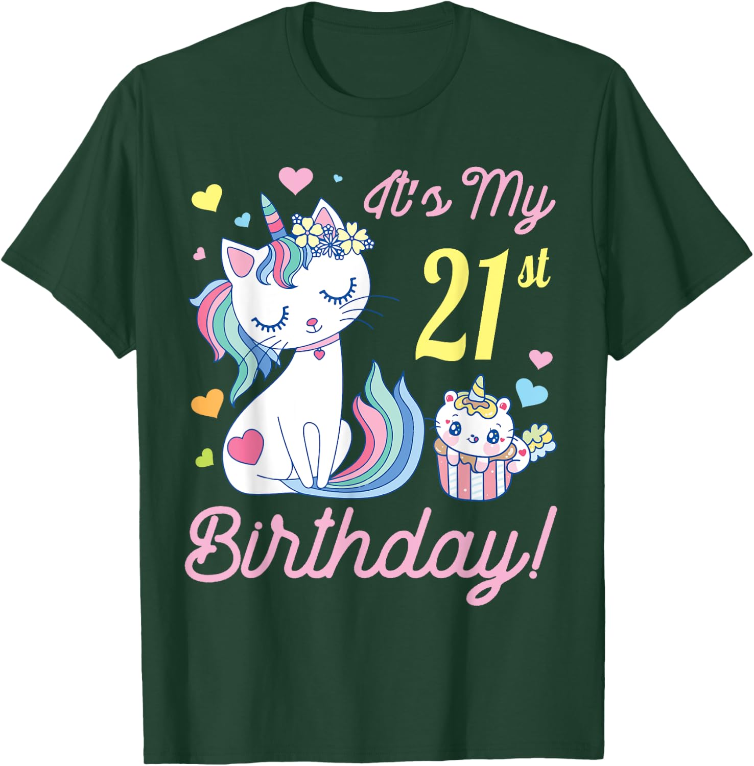 Flowers Cat 21 Years Old Happy Day Me It's My 21st Birthday T-Shirt - T-Shirt | Forest