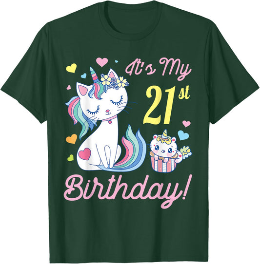 Flowers Cat 21 Years Old Happy Day Me It's My 21st Birthday T-Shirt - T-Shirt | Forest