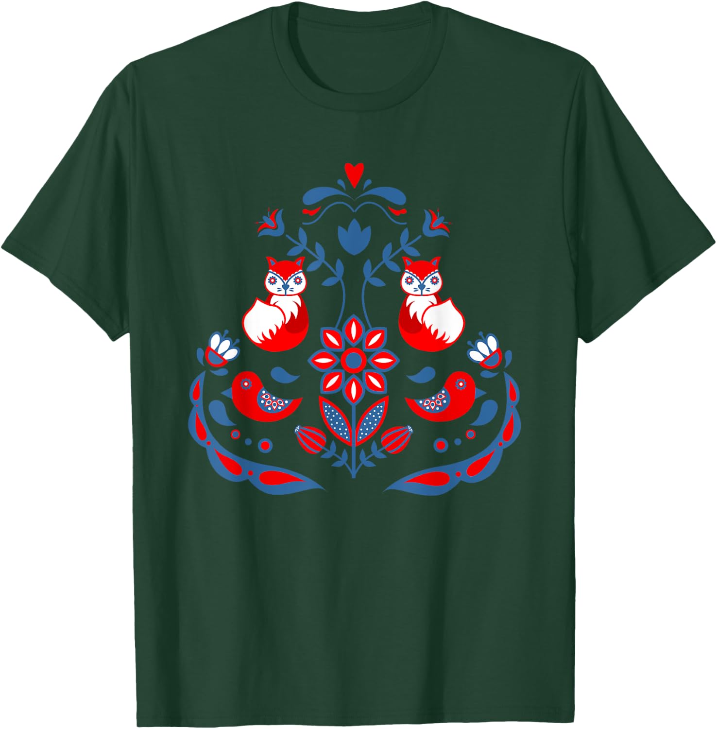 Scandinavian Folk Art Nature Flowers Birds and Foxes T-Shirt - T-Shirt | Forest