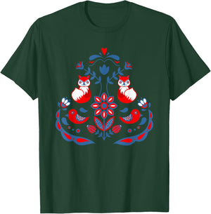 Scandinavian Folk Art Nature Flowers Birds and Foxes T-Shirt - T-Shirt | Forest