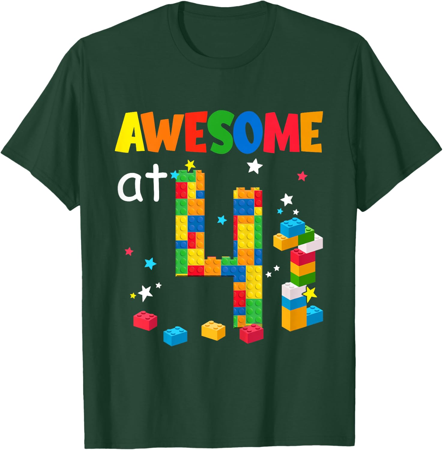 Kids Building Blocks Bricks Awesome at 4 Years Old Birthday Boy T-Shirt - T-Shirt | Forest