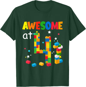 Kids Building Blocks Bricks Awesome at 4 Years Old Birthday Boy T-Shirt - T-Shirt | Forest