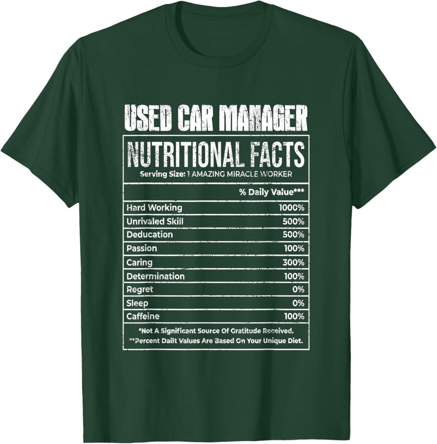 Nutritional Facts Used Car Manager Job Tittle T-Shirt - T-Shirt | Forest