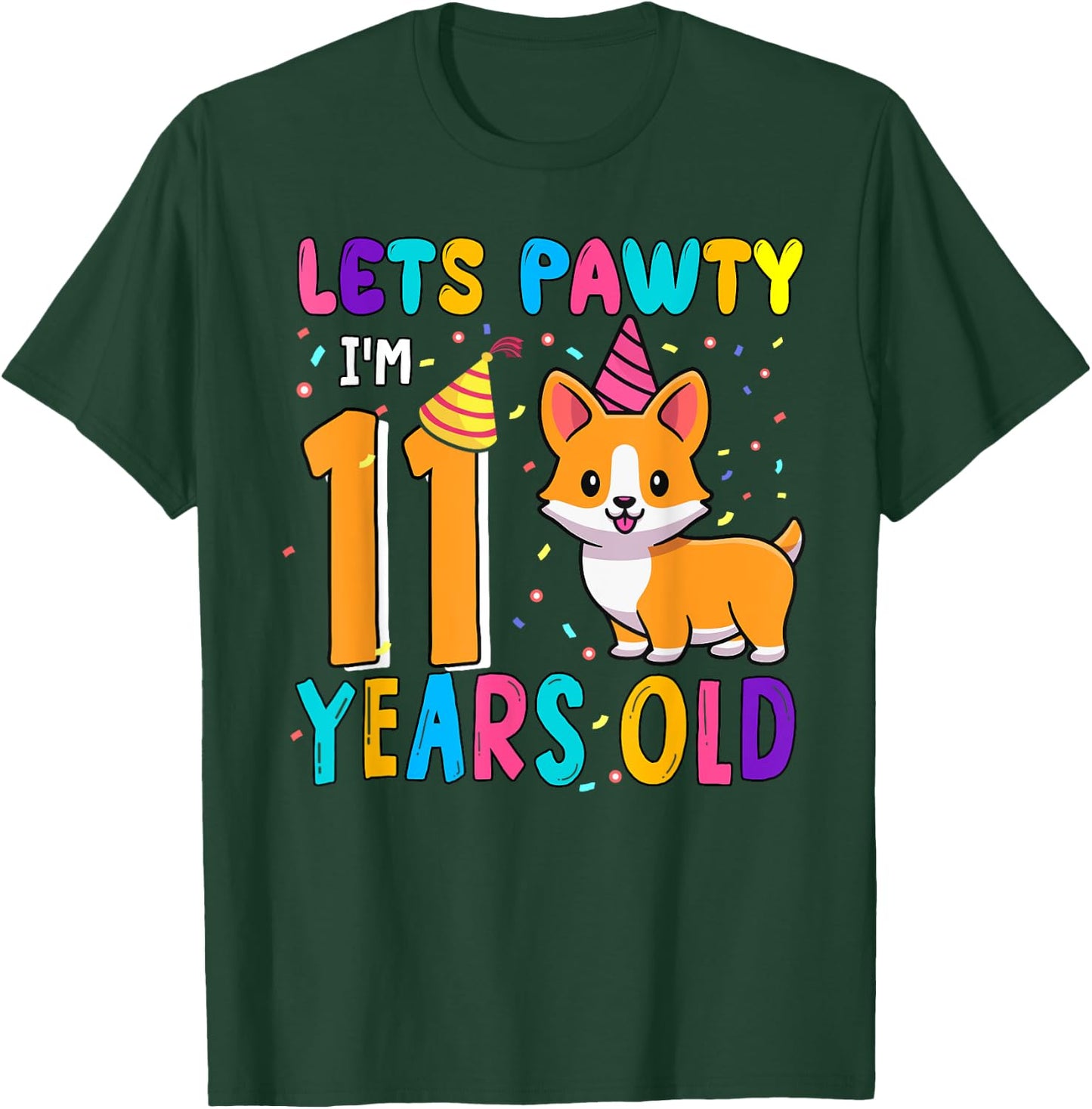 Cute Lets Pawty 11 Years Old Birthday Corgi Dog Owners Kids T-Shirt - T-Shirt | Forest