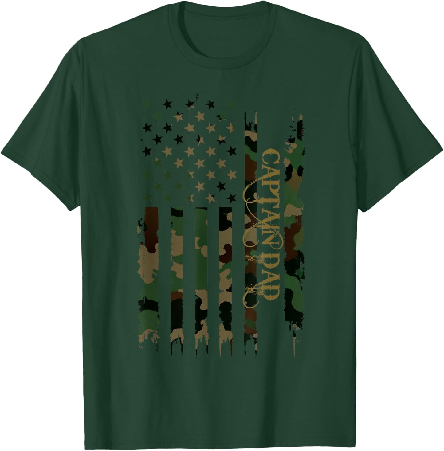 Captain Dad United States Distressed Camo w US Flag T-Shirt - T-Shirt | Forest