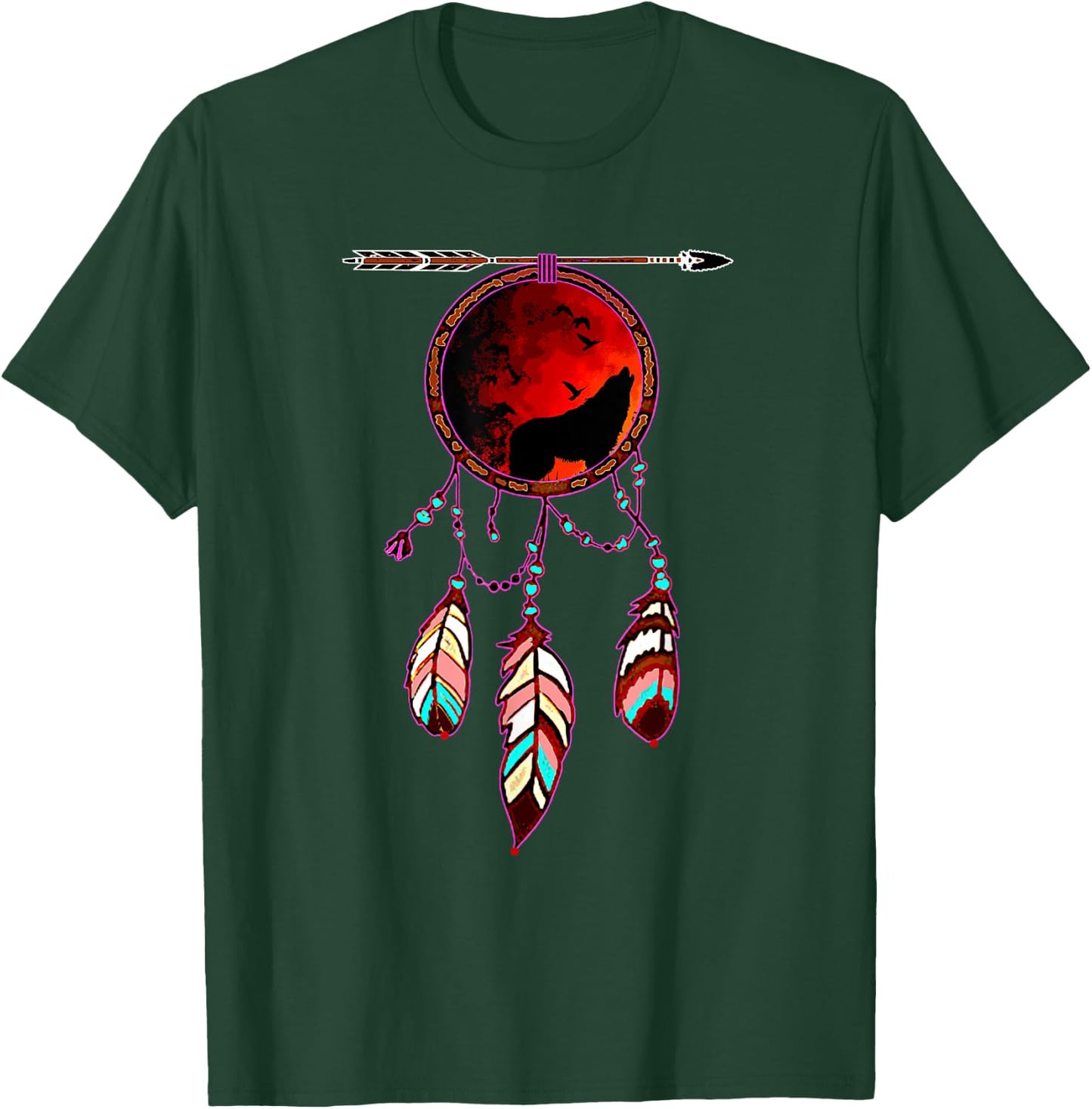 Native American Timber Wolf Dream Catcher Indian Tribal Gift T-Shirt - T-Shirt | Forest