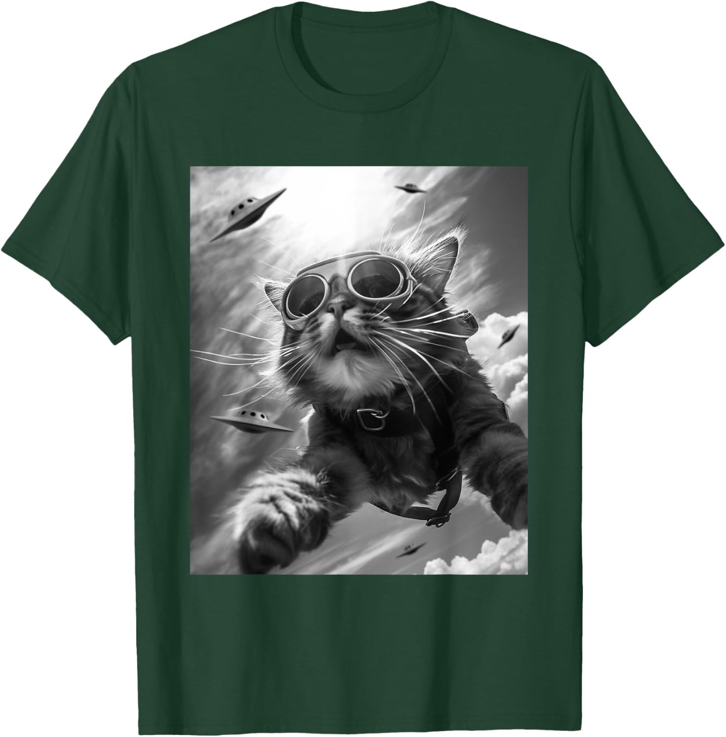 Funny Skydiving Cat Selfie with Alien UFOs Men Women Kids T-Shirt - T-Shirt | Forest