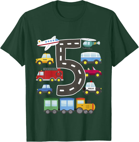 5 Year Old Transportation Birthday Car Train Plane 5th Gift T-Shirt - T-Shirt | Forest