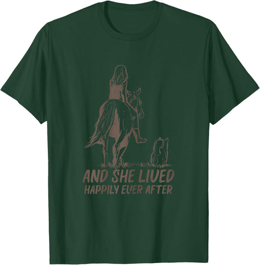 BoredKoalas Horse Shirts Riding Equestrian Gifts She Lived Happily Horse Dog Animal Lover Girls Women Gift Blue X-Small T-Shirt - T-Shirt | Forest