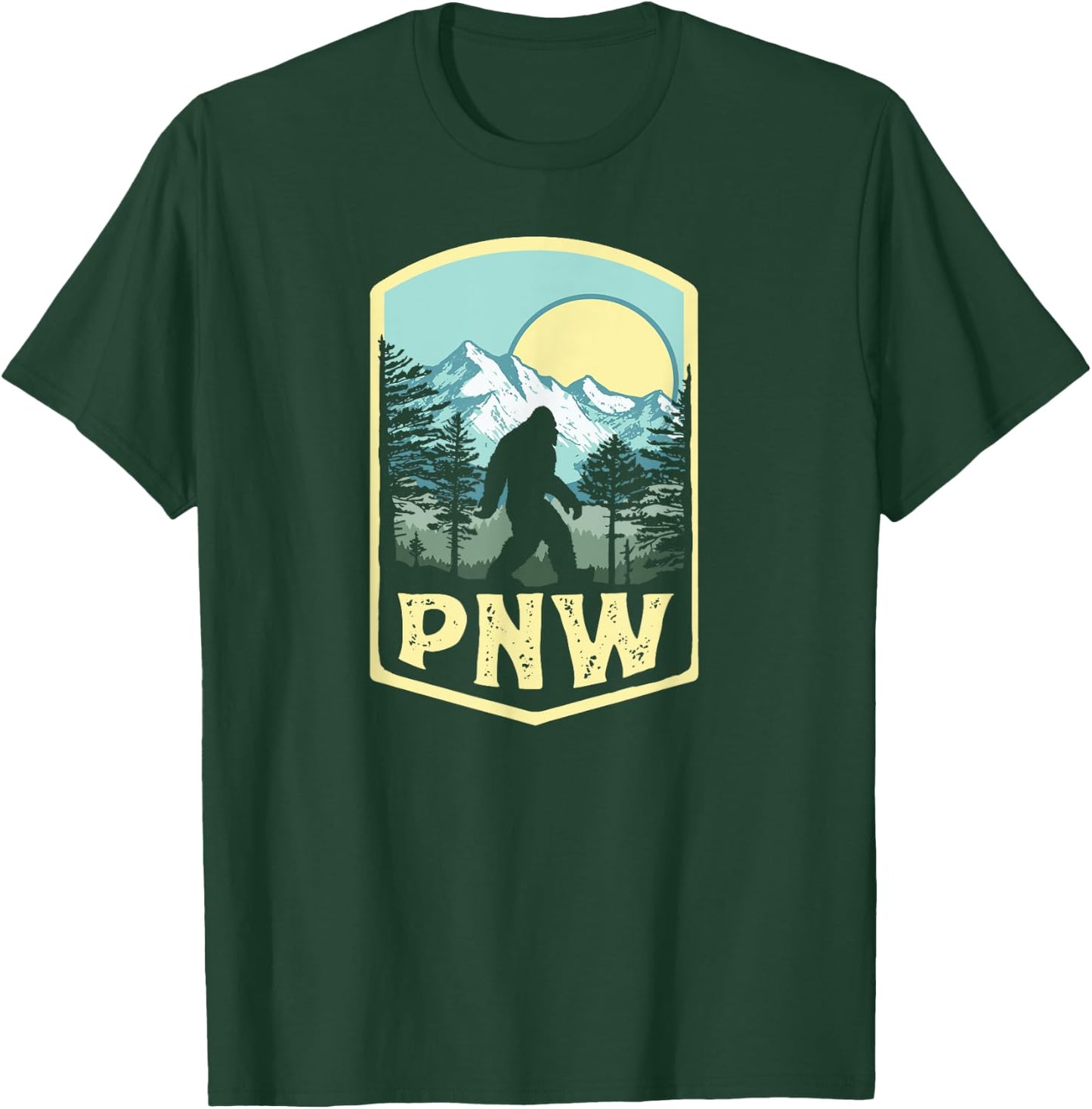 Vintage PNW Bigfoot Outdoor Badge Mountains & Trees T-Shirt - T-Shirt | Forest