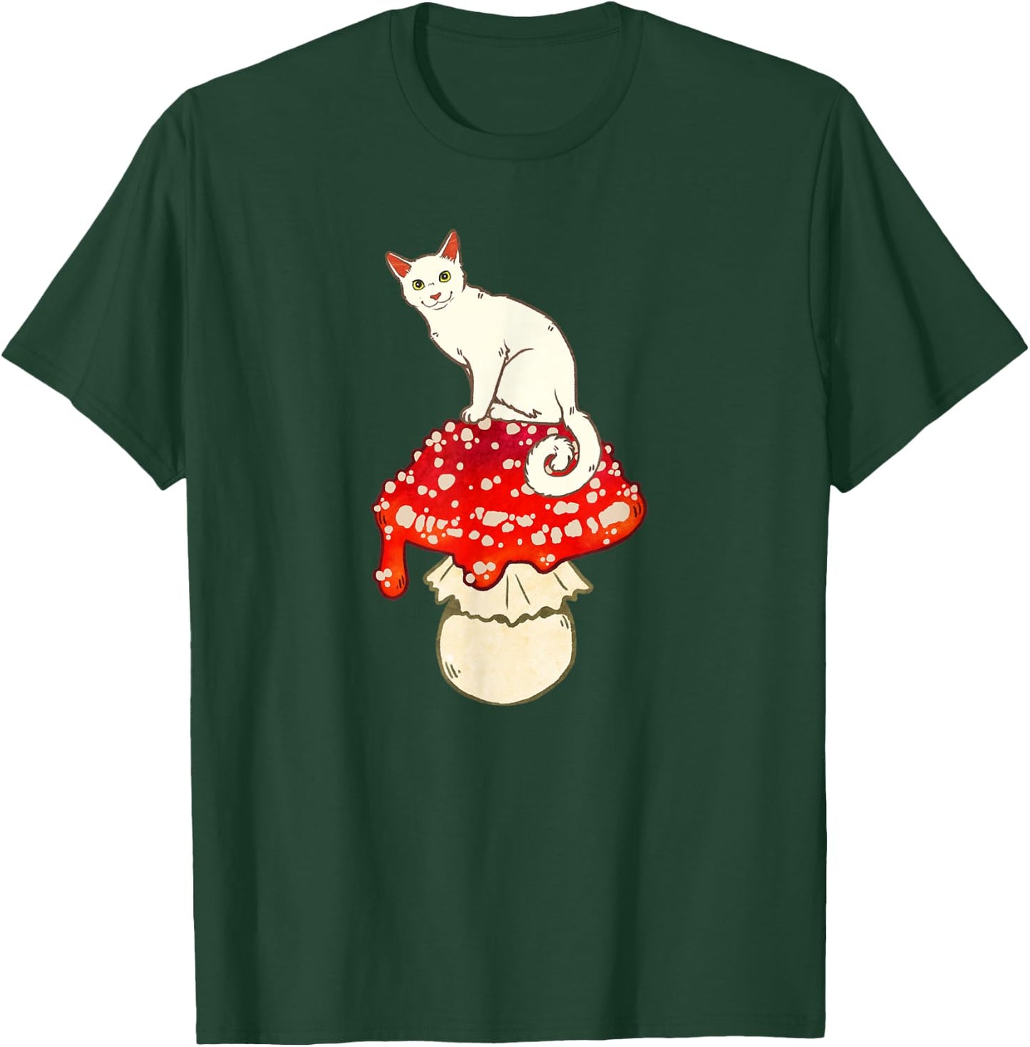 Cute White Cat Sitting on Red Spotted Mushroom T-Shirt - T-Shirt | Forest