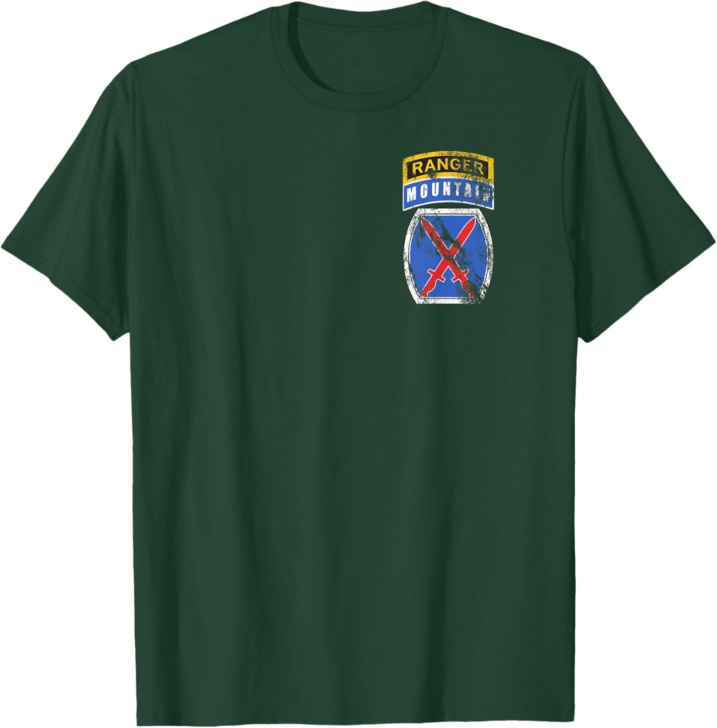 10th Mountain MTN Division Patch with Ranger Tab Distressed T-Shirt - T-Shirt | Forest