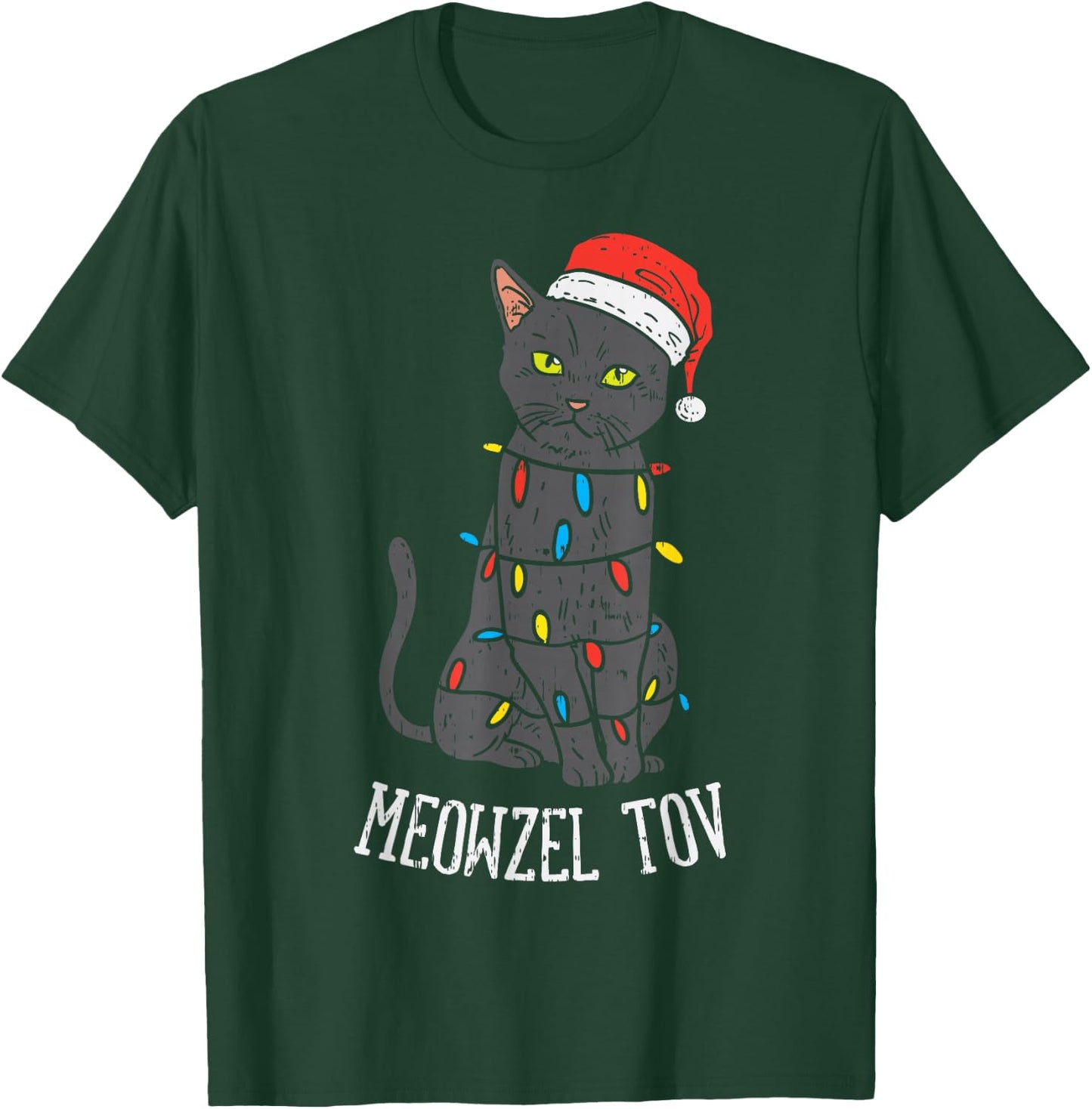 Meowzel Tov Hanukkah Black Cat Christmas Lights Pet Gift T-Shirt - T-Shirt | Forest
