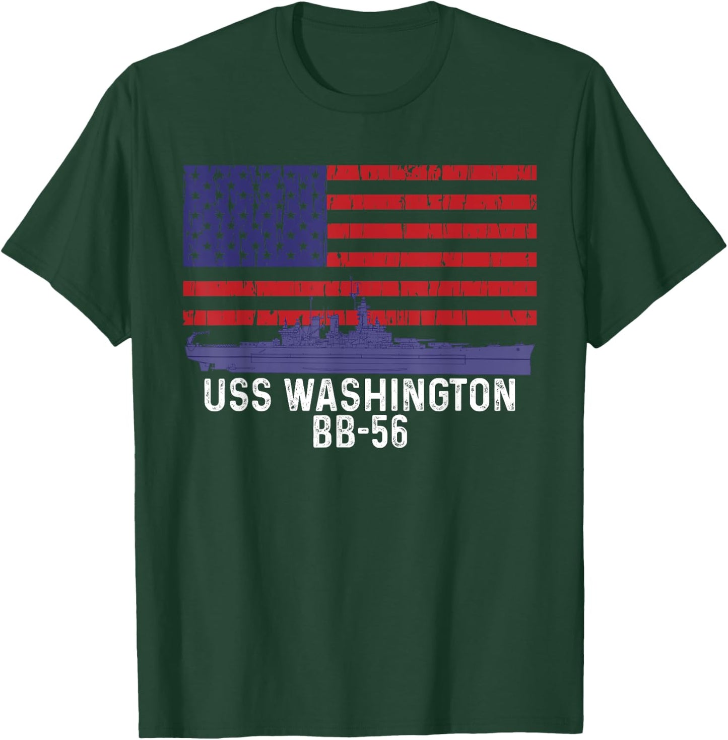 USS Washington BB-56 Battleship Vintage American Flag T-Shirt - T-Shirt | Forest