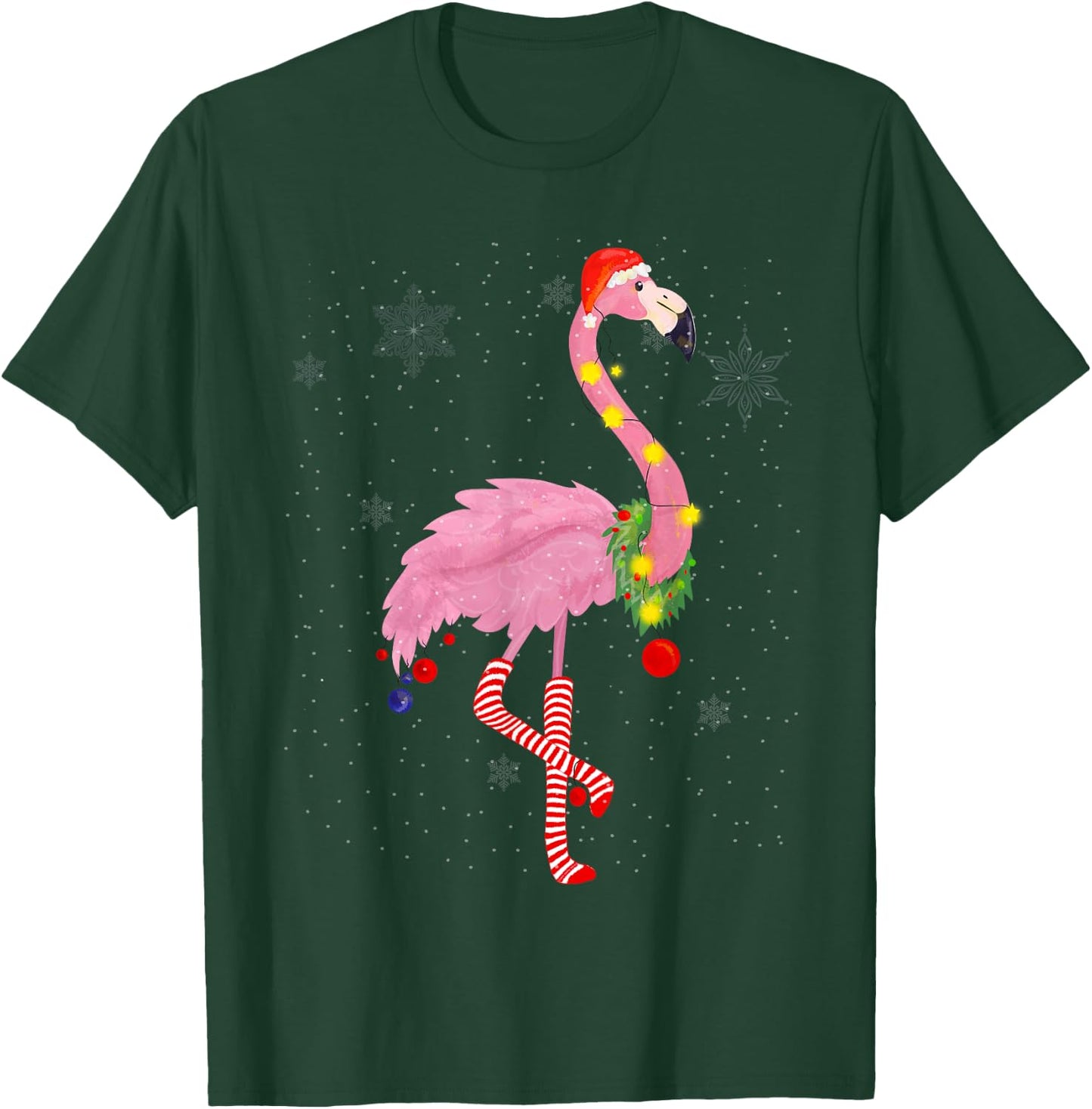 Cute Pink Flamingo with Snow, Lights and Santa Hat Christmas T-Shirt - T-Shirt | Forest