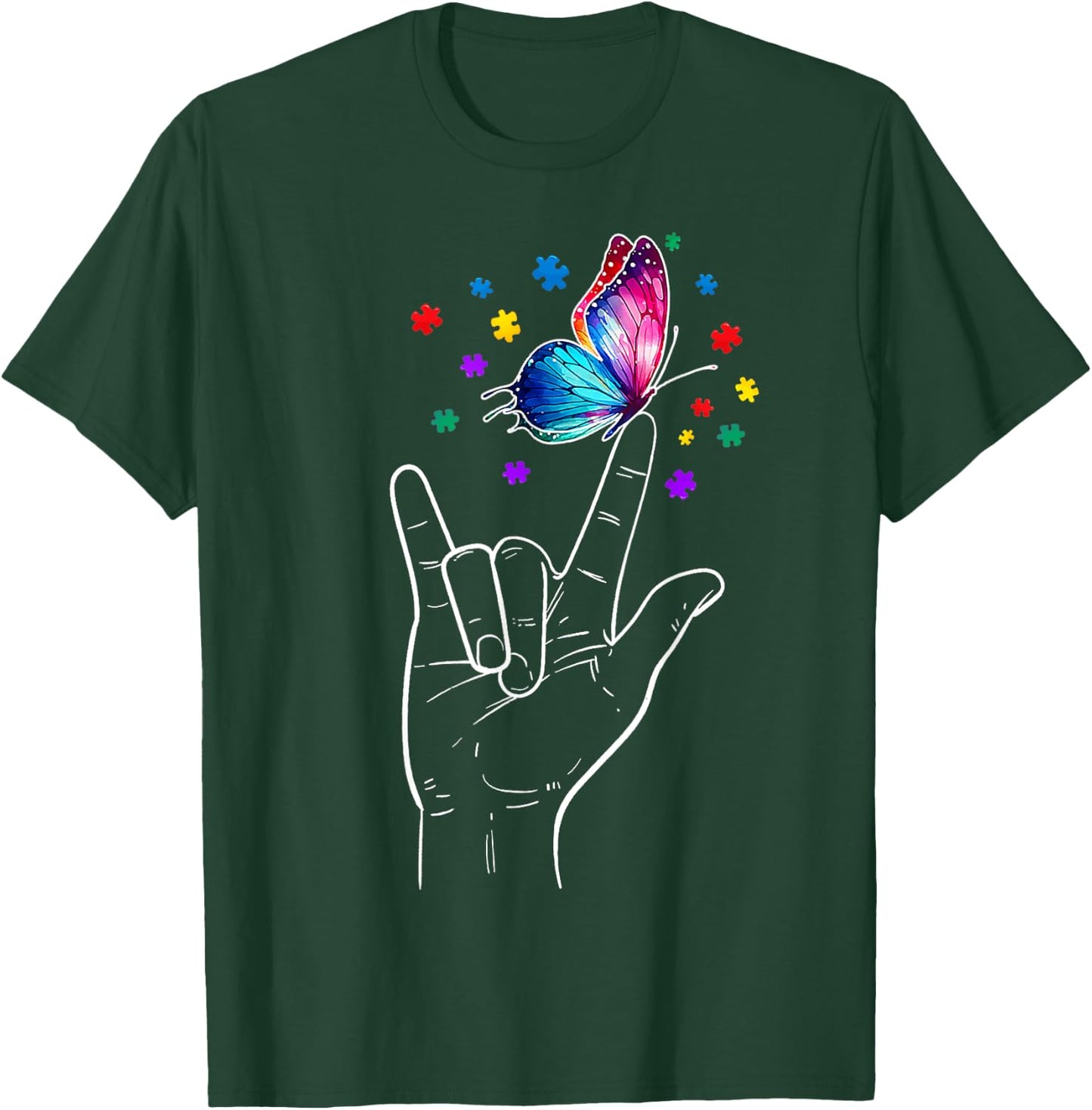 I Love You Hand Sign Language Butterfly Autism Awareness T-Shirt - T-Shirt | Forest