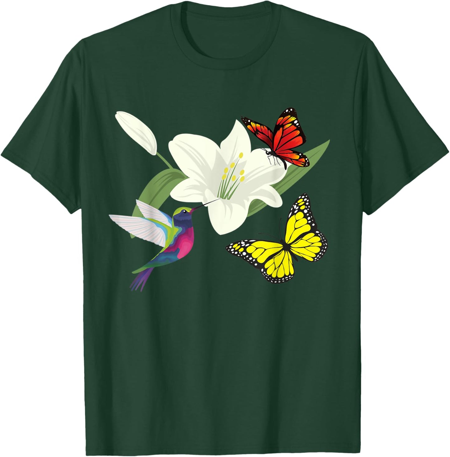 Hummingbird and butterflies in a flower T-Shirt - T-Shirt | Forest