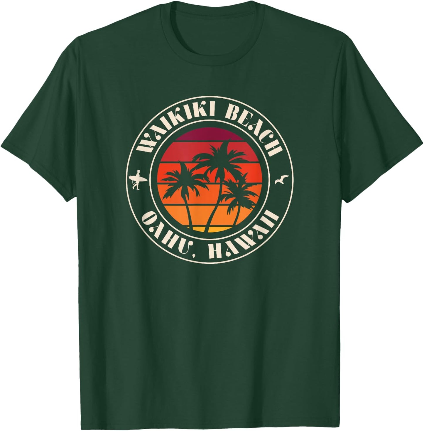 Hawaii Oahu Sunset Surfer and Seagull Waikiki Beach Women Kids T-Shirt - T-Shirt | Forest