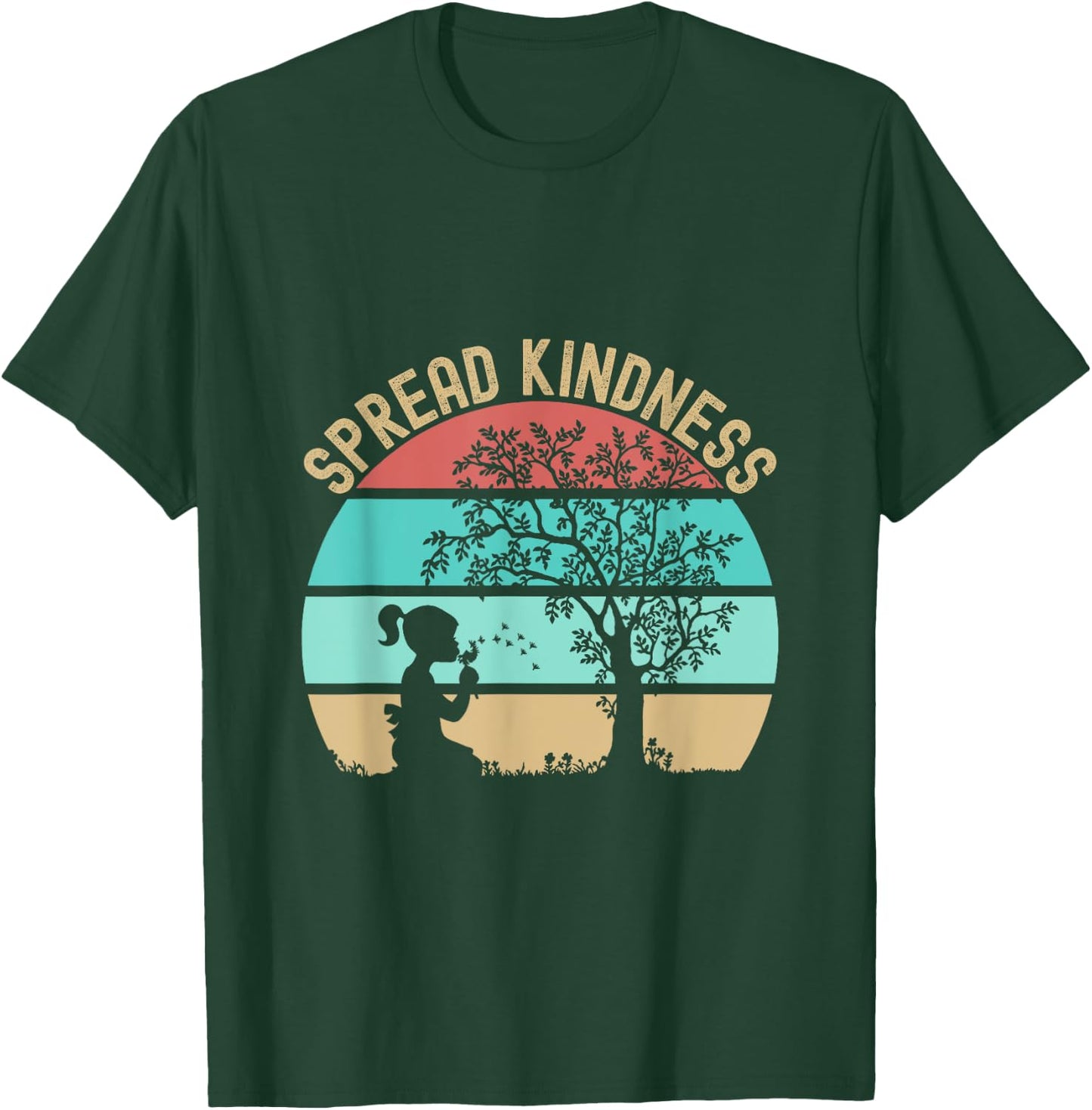 Spread Kindness Dandelions Girl Tree Retro Sunset T-Shirt - T-Shirt | Forest