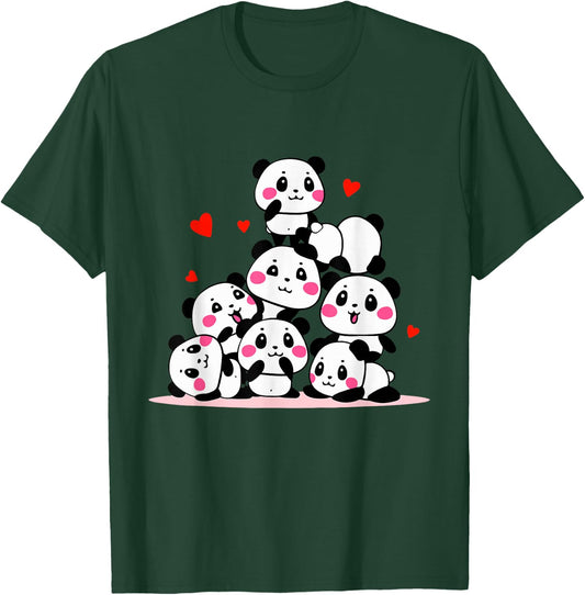 Kawaii Cute Baby Pandas with Red Hearts - Valentine's Day T-Shirt - T-Shirt | Forest