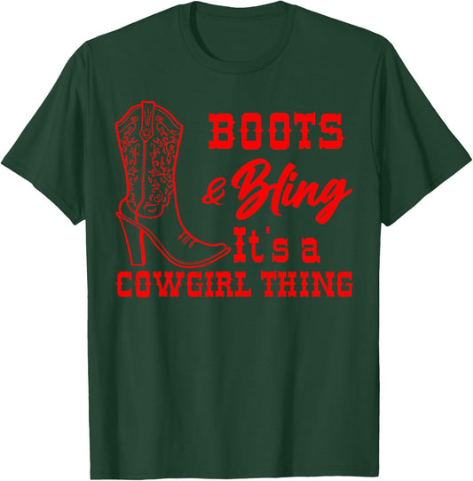 Funny Cowgirl Gift Girls Women Cool Rodeo Boots Bling T-Shirt - T-Shirt | Forest
