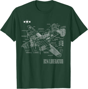 World War 2 Aircraft Blueprint WWII B24 Liberator Bomber T-Shirt - T-Shirt | Forest
