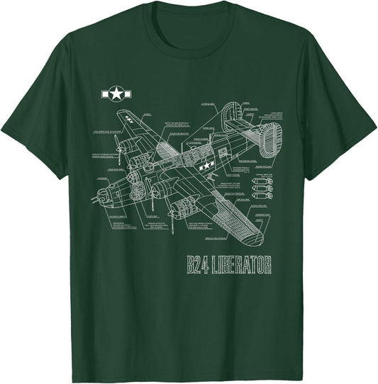 World War 2 Aircraft Blueprint WWII B24 Liberator Bomber T-Shirt - T-Shirt | Forest