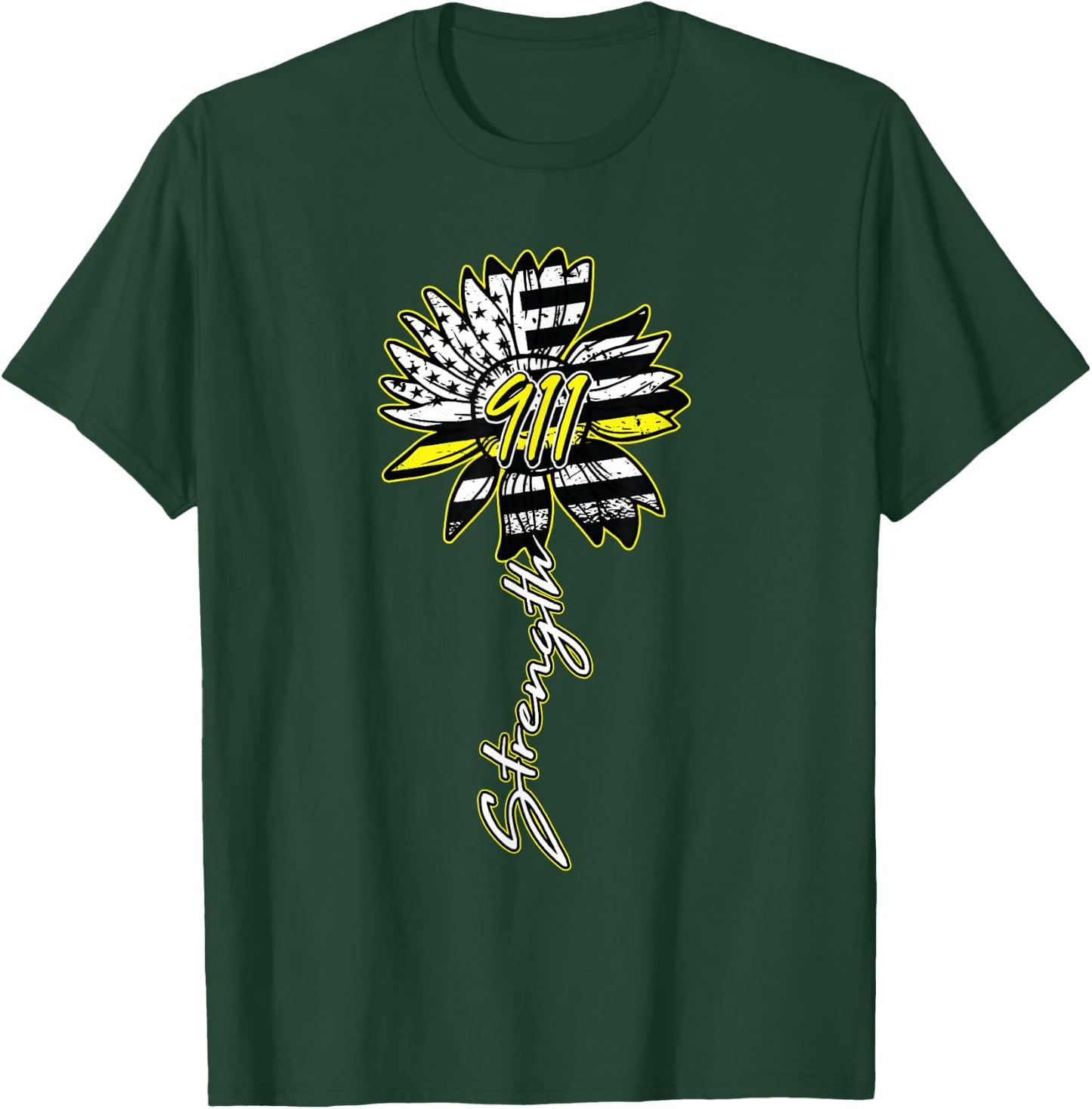 911 Dispatcher American Flag Sunflower Dispatch Operator T-Shirt - T-Shirt | Forest
