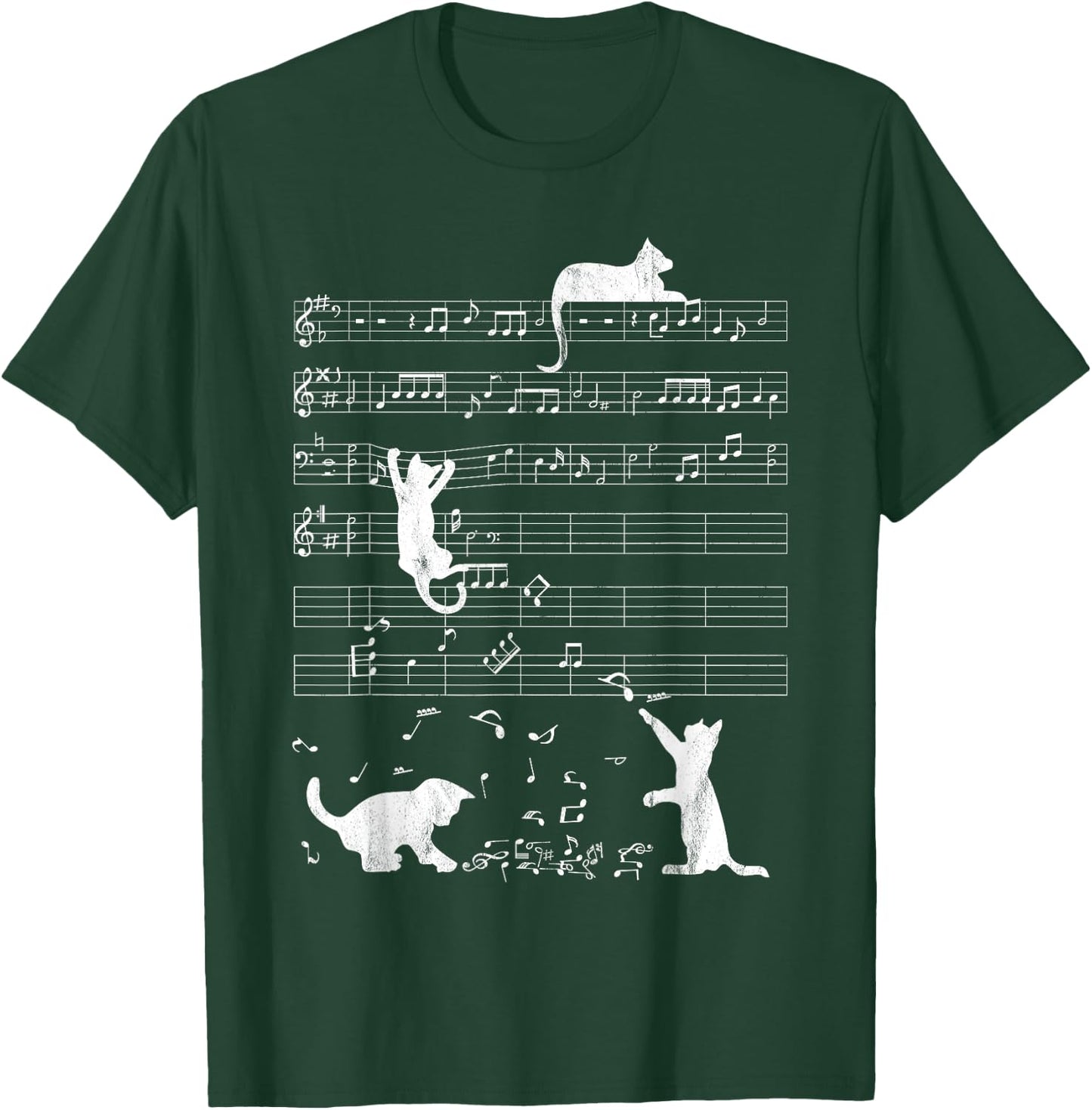 Cute Cat Distressed Music Notes Kitty Piano Musician Women Kids T-Shirt - T-Shirt | Forest
