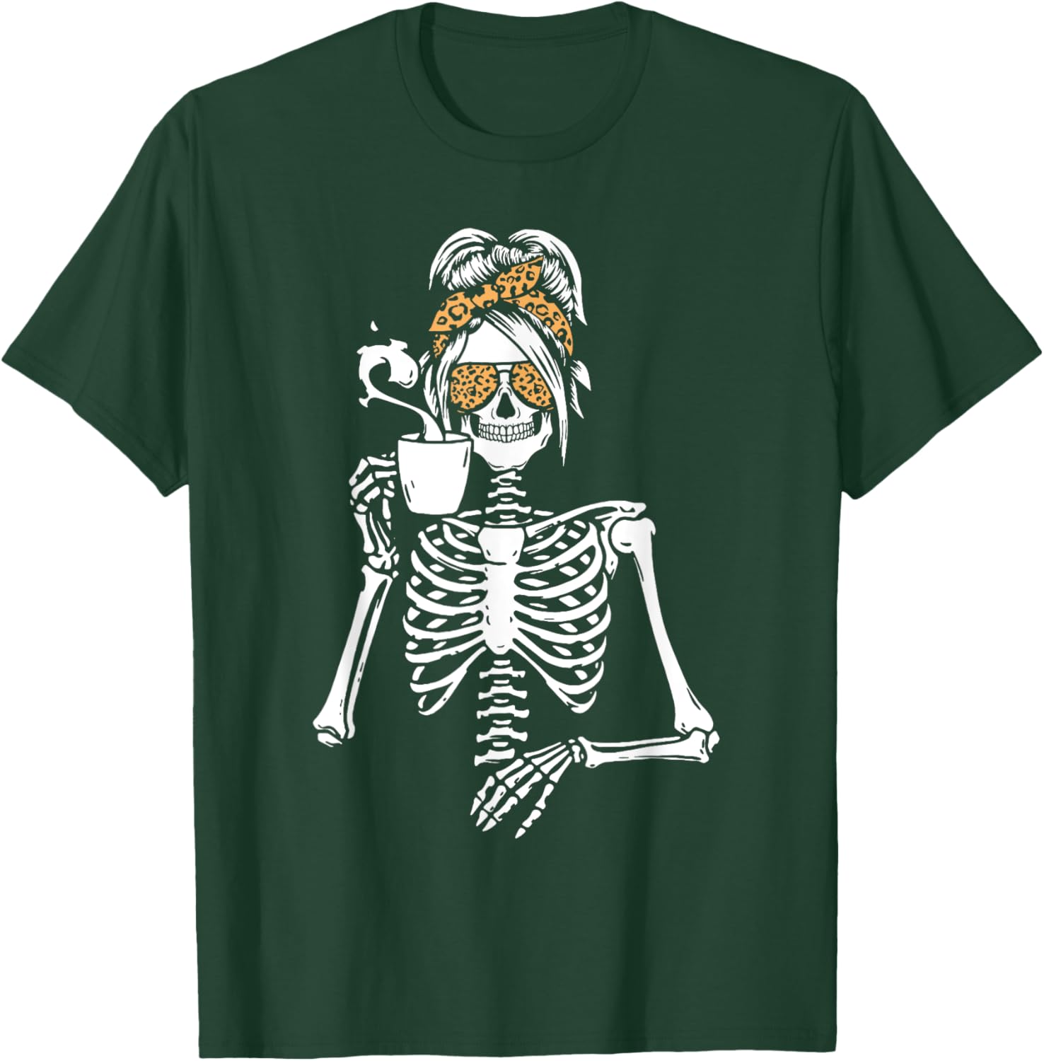 Skeleton Messy Bun Coffee Drinking Halloween Costume Women T-Shirt - T-Shirt | Forest
