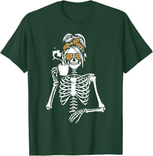 Skeleton Messy Bun Coffee Drinking Halloween Costume Women T-Shirt - T-Shirt | Forest