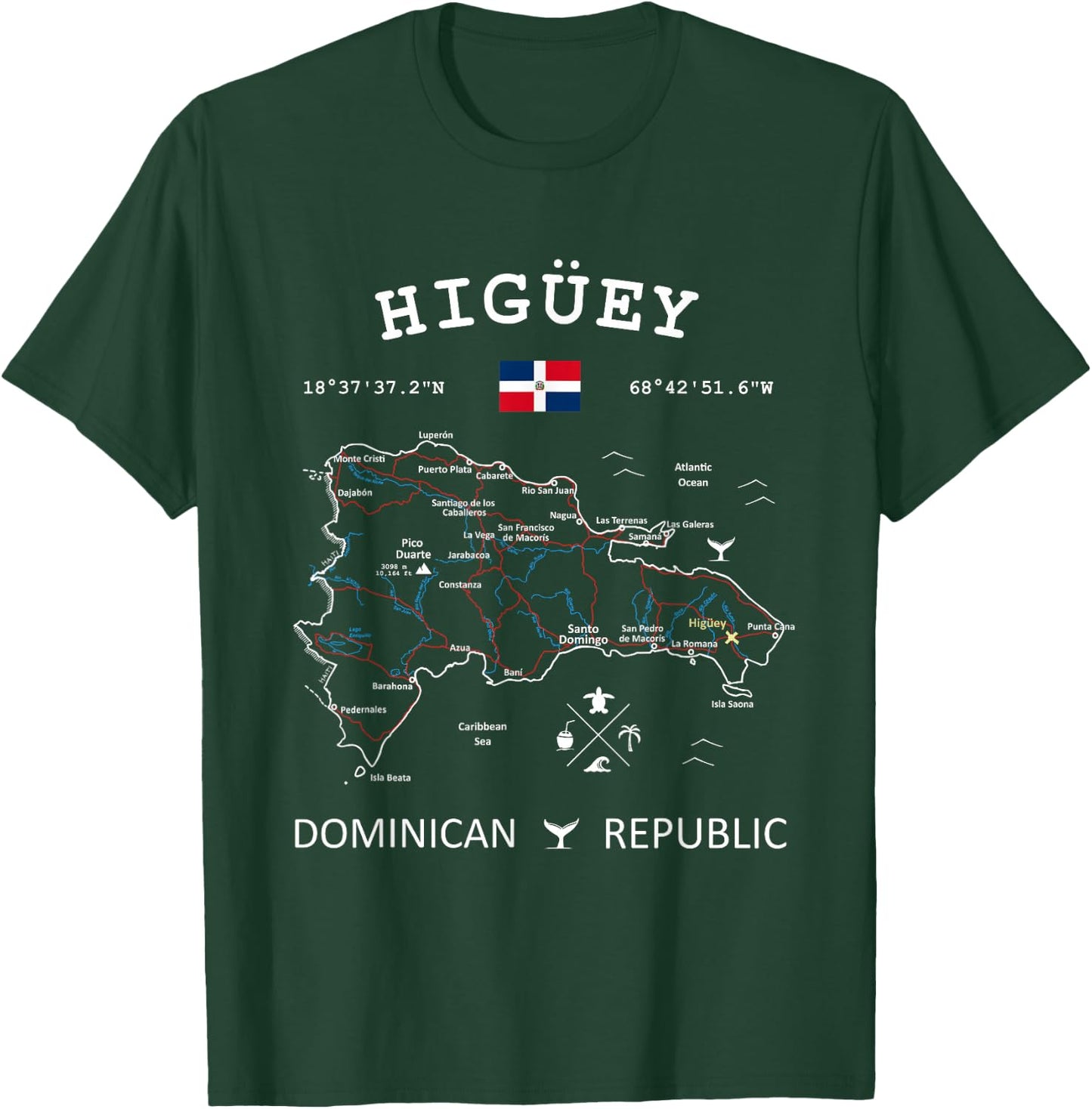 HIGUEY Dominican Republic Flag Travel Map Coordinates T-Shirt - T-Shirt | Forest