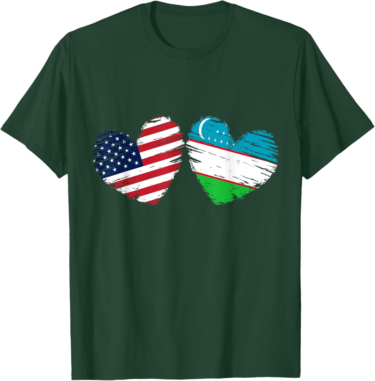 USA Uzbekistan Flag Heart Valentines Day Uzbek American T-Shirt - T-Shirt | Forest