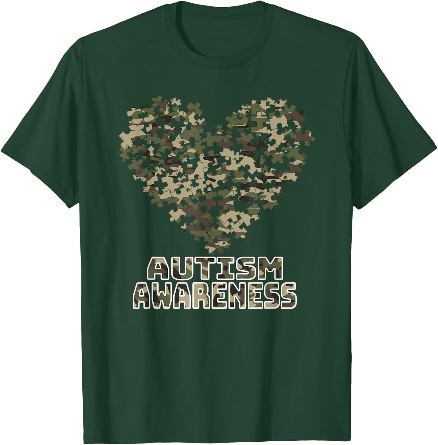 Heart Puzzle Autism Awareness Camoflauge Military Tactical T-Shirt - T-Shirt | Forest