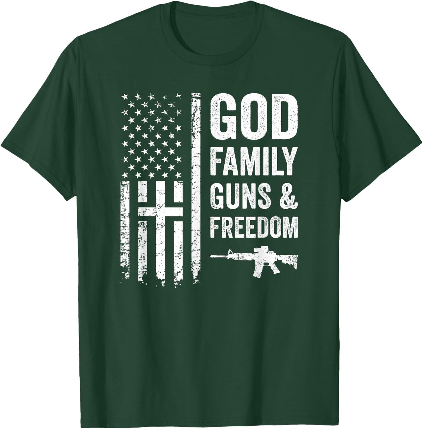GOD FAMILY GUNS & FREEDOM - Pro God Pro Gun USA Cross Flag T-Shirt - T-Shirt | Forest