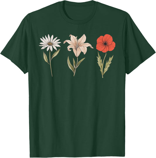 Vintage Flower Drawing Lily Poppy Daisy T-Shirt - T-Shirt | Forest
