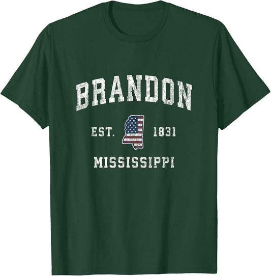 Brandon Mississippi MS Vintage American Flag Sports Design T-Shirt - T-Shirt | Forest