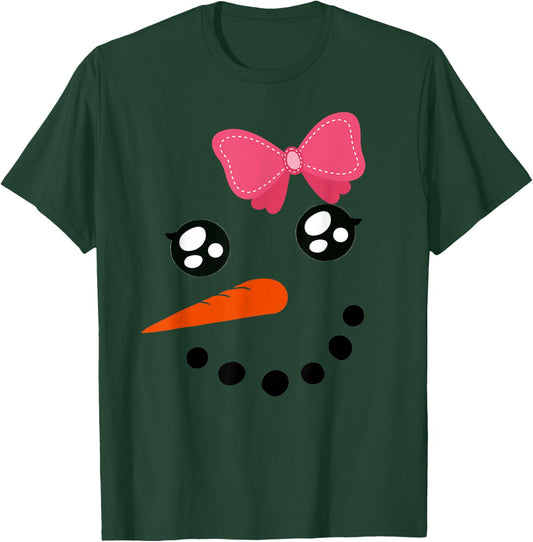 Snow Girl Shirt Snowman Face Carrot Nose Pink Bow T-Shirt - T-Shirt | Forest