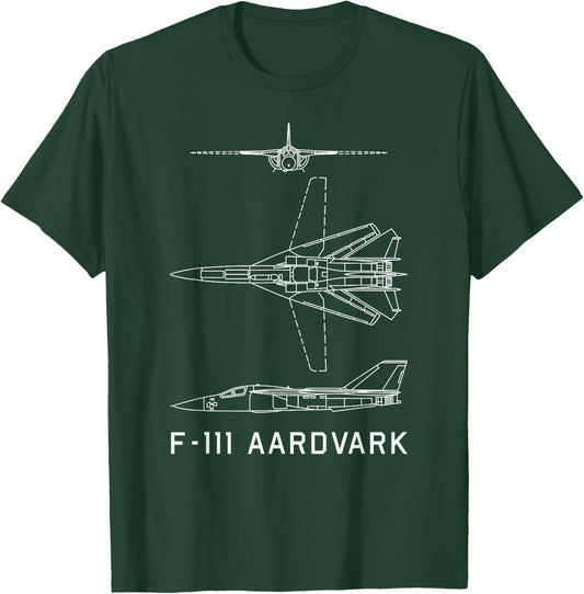 USA Military Planes MJ F-111 Aardvark American Jet Plane Blueprint - Black, -Adults, Short Sleeve, Classic Fit, Cotton 65% Polyester 35%, Small T-Shirt - T-Shirt | Forest
