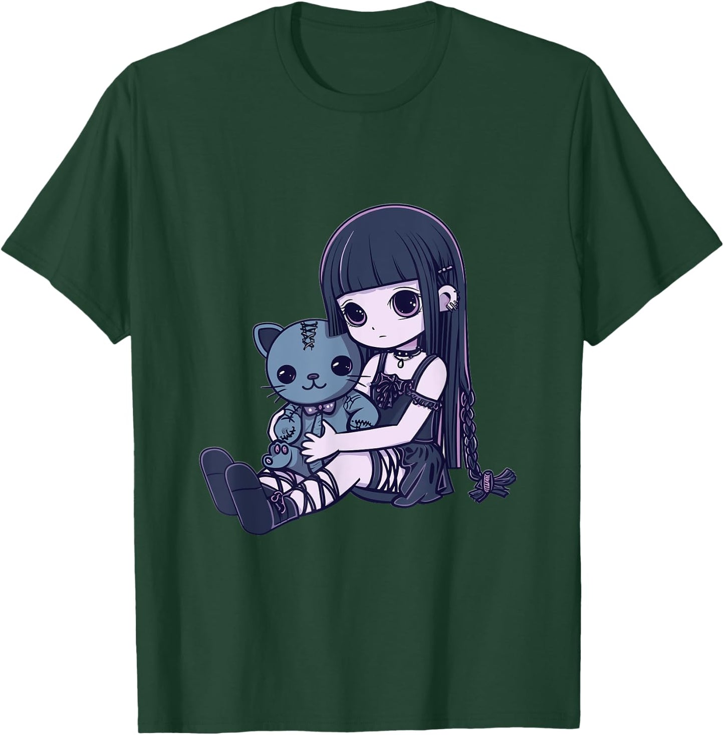 Goth Pastel Kawaii Anime Girl with Voodoo doll Teddy Cat T-Shirt - T-Shirt | Forest
