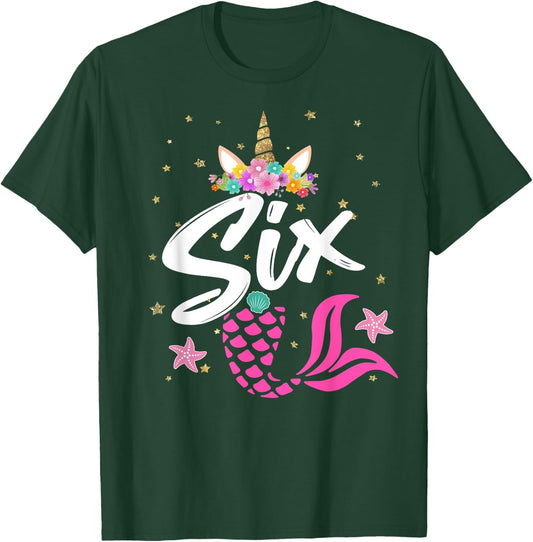 6th Birthday Girl Unicorn Shirt Mermaid Tail 6 Years Old T-Shirt - T-Shirt | Forest