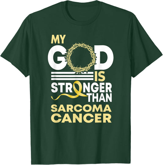 My God Is Stronger Than Sarcoma Cancer Awareness Ribbon T-Shirt - T-Shirt | Forest