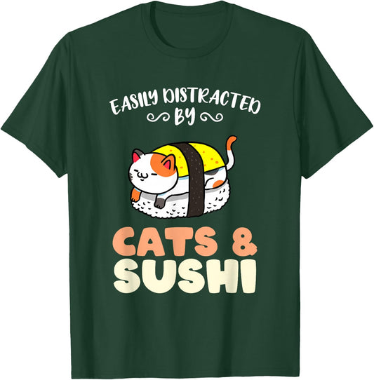 Easily Distracted By Cats And Sushi T-Shirt - T-Shirt | Forest